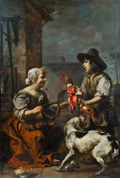 Fleischverkaufer Mit Dame Und Hund Oil Painting by Bernhard Keil