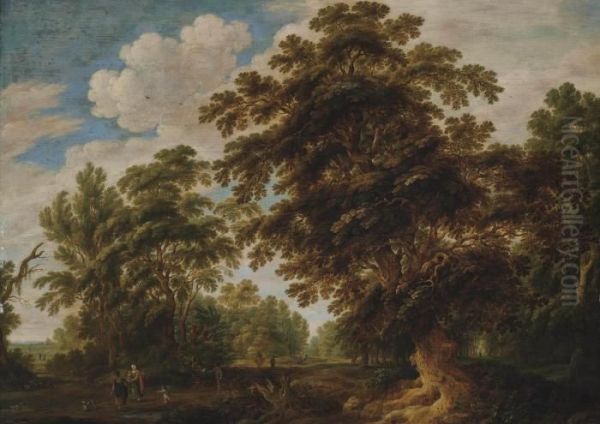 A Wooded Landscape With Travellers On A Track Oil Painting by Alexander Keirincx