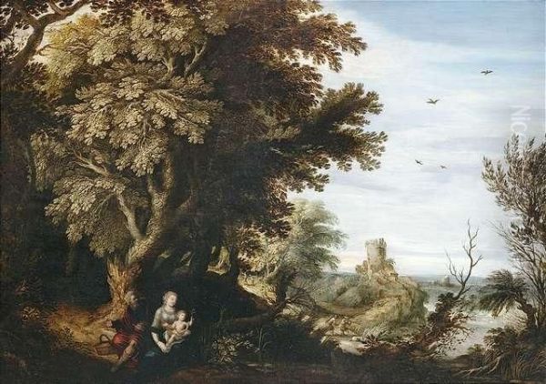 Bewaldete Landschaft Mit Der Heiligen Familie In Der Ruhe Auf Der Flucht Oil Painting by Alexander Keirincx