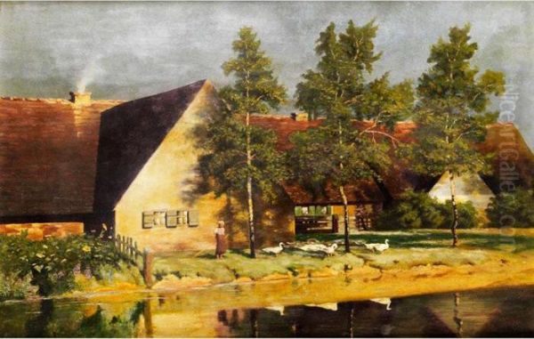 Gansehirtin Am Ufer Vor Rot Gedeckten Gehoften Mit Davorstehenden Birken Oil Painting by Paul-Wilhelm Keller-Reutlingen