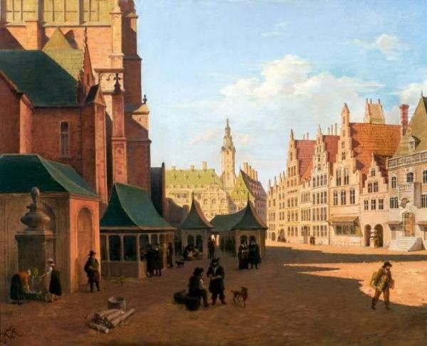 Figuren Op Zuid-nederlands Kerkplein Oil Painting by Paul-Wilhelm Keller-Reutlingen