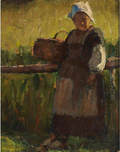 Woman With Basket In A Field; Woman Knitting Oil Painting by Jacob Simon Hendrik Kever