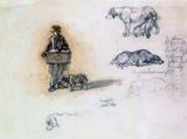 A Sketchbook Sheet Of Studies Of Dogs And A Street Musician Oil Painting by Friedrich Wilhelm Keyl