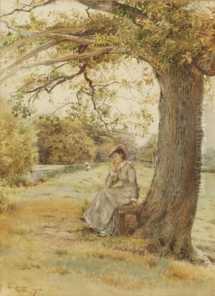 Lady Seated Beneath A Tree By The River Bank Oil Painting by George Goodwin Kilburne