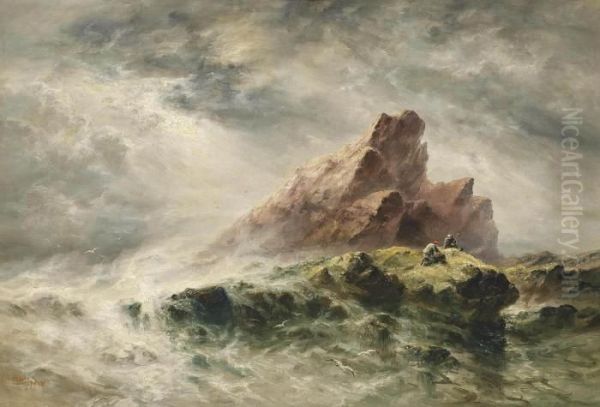 Fishermen On The Rocks Near L'etacq, Jersey Oil Painting by S.L. Kilpack