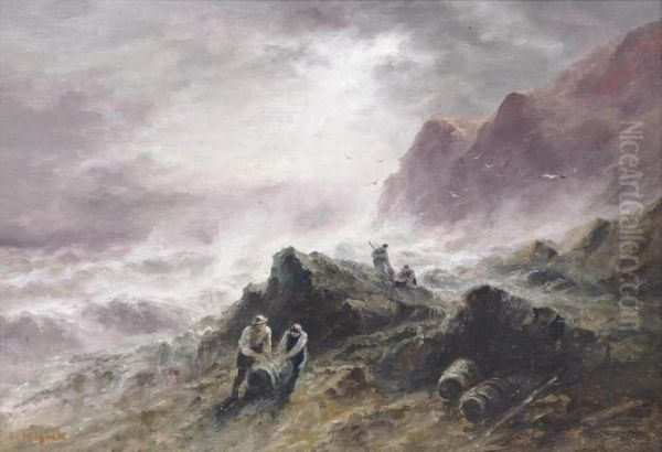 Salvagers Hauling Barrels Onto The Rocks, Jersey Oil Painting by S.L. Kilpack