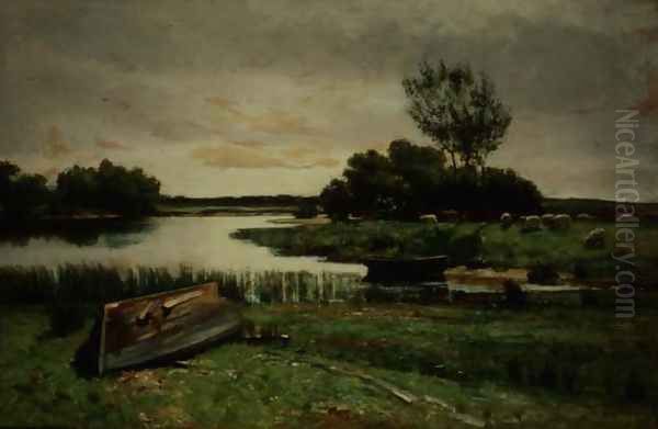 Lake with Rowing Boats Oil Painting by Edward Arthur Walton