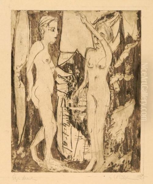 Zwei Stehende Nackte Madchen Vor Tanne Am Bergabhang Oil Painting by Ernst Ludwig Kirchner