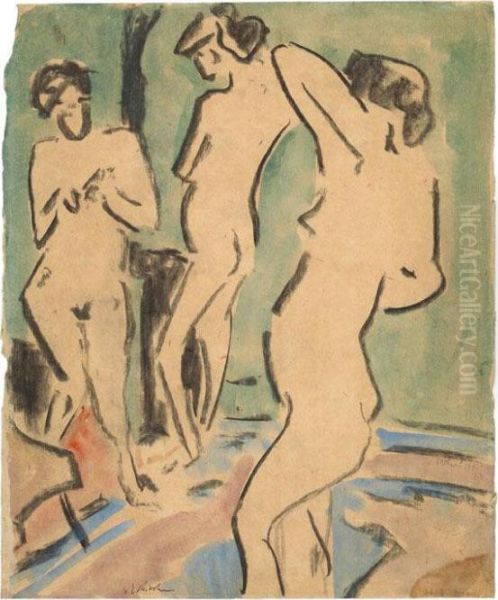 Drei Nackte Madchen Im Raum - Drei Akte Im Zimmer Oil Painting by Ernst Ludwig Kirchner