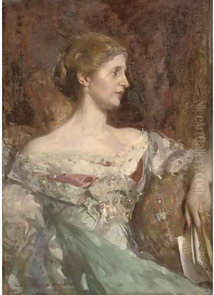 Portrait of Jane Bury, seated half-length, in a blue dress, holding a book Oil Painting by Edward Arthur Walton