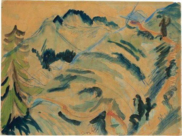 Blick Von Der Stafelalp / Stafelalp Mit Zwei Wanderern Oil Painting by Ernst Ludwig Kirchner