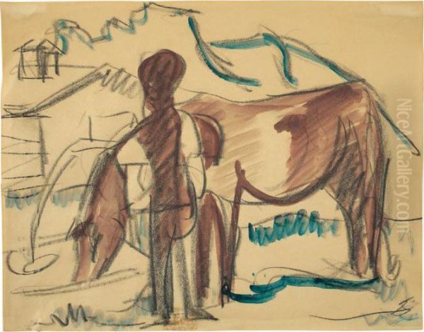 Bauer Mit Kuh Vor Landschaft (stafelalp) by Ernst Ludwig Kirchner