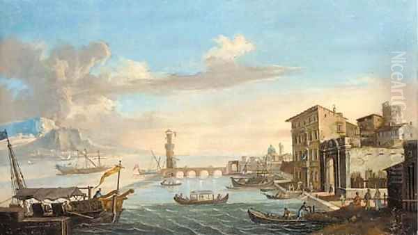 A capriccio of a Mediterranean harbour with a lighthouse Oil Painting by (circle of) Wittel, Gaspar van (Vanvitelli)