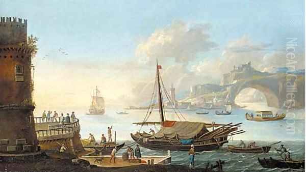 A capriccio of a Mediterranean harbour with stevedores on a quay by a galley Oil Painting by (circle of) Wittel, Gaspar van (Vanvitelli)