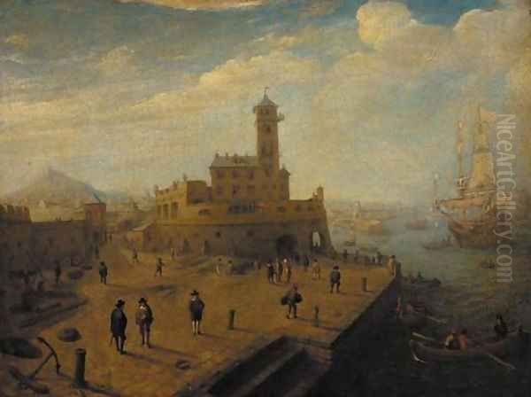 A mediteranean harbour with figures on a quay Oil Painting by (circle of) Wittel, Gaspar van (Vanvitelli)