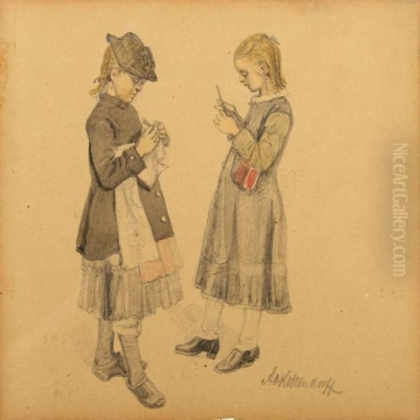 Two Girls Knitting Oil Painting by Johann Adolf Kittendorff