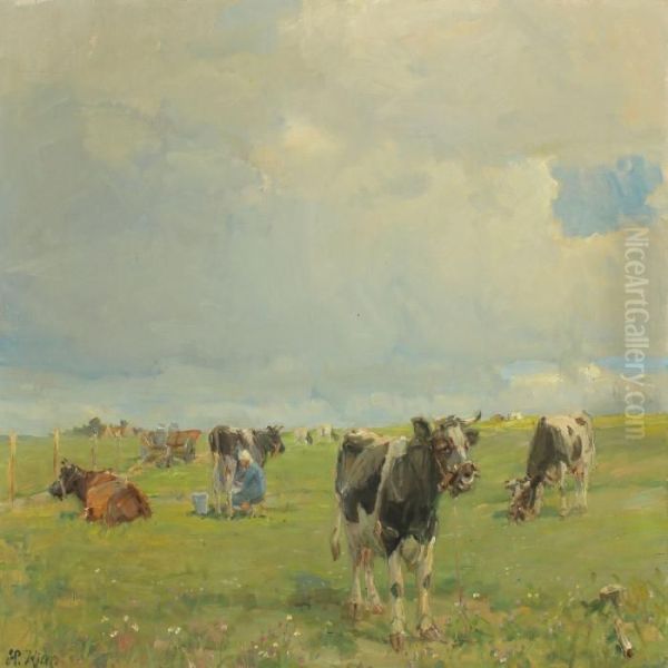 Cows Are Milked In The Meadow Oil Painting by Harald Kjaer