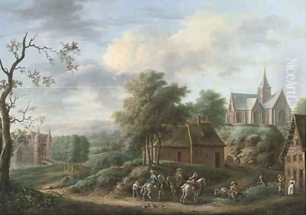 A wooded landscape with a riding party on a track near an inn, a castle and a church beyond Oil Painting by Frans Wouters