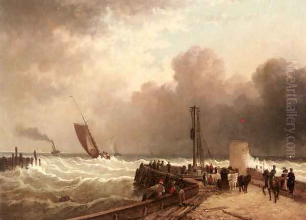 Shipping Approaching The Harbour Mouth In A Rough Sea Oil Painting by John Jock Wilson