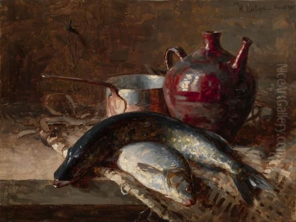 Still Life With Fish Oil Painting by Iulii Iul'evich (Julius) Klever