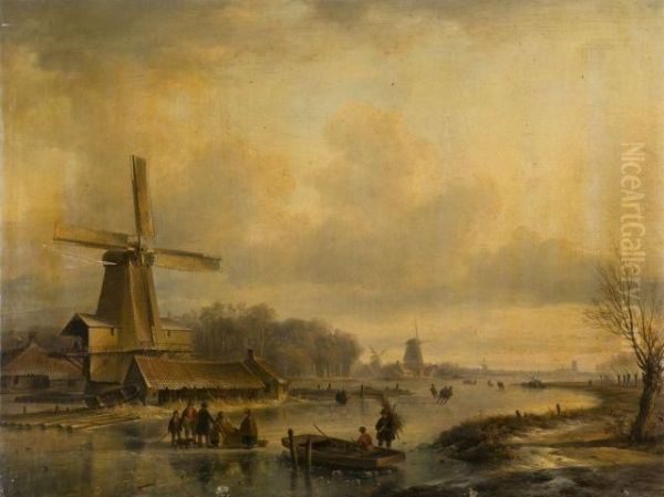 Paysage De Riviere Gelee Pres D'un Moulin Oil Painting by Lodewijk Johannes Kleijn