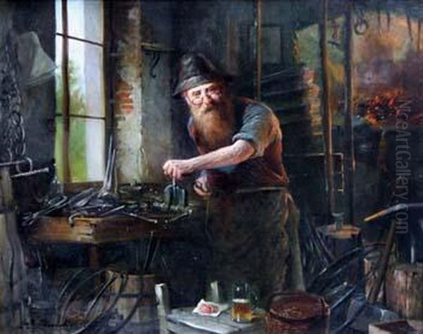 Blacksmith Interior Scene Oil Painting by Rudolf Klingsbogl