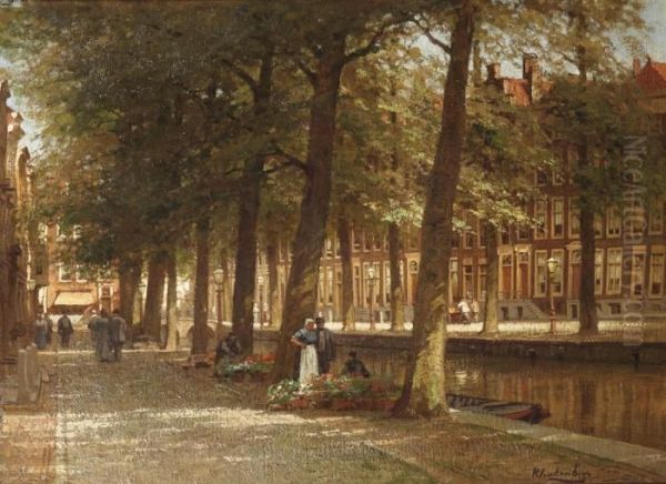 Selling Flowers At The Smidswater, The Hague Oil Painting by Johannes Christiaan Karel Klinkenberg