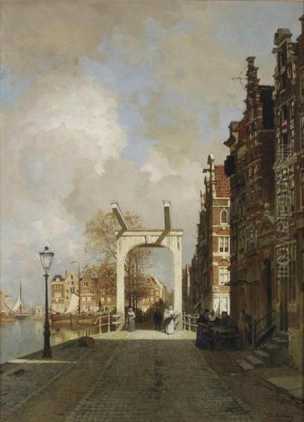 Drawbridge Along The River Amstel, Amsterdam Oil Painting by Johannes Christiaan Karel Klinkenberg