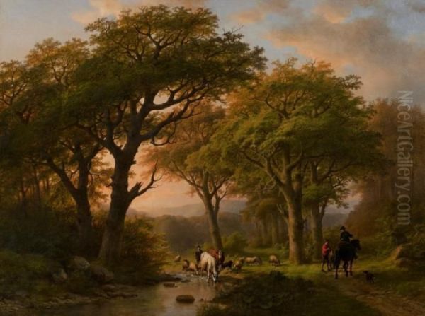 Sommerlandschaft Mit Hirte Und Wanderern Oil Painting by Johann Bernard Klombeck