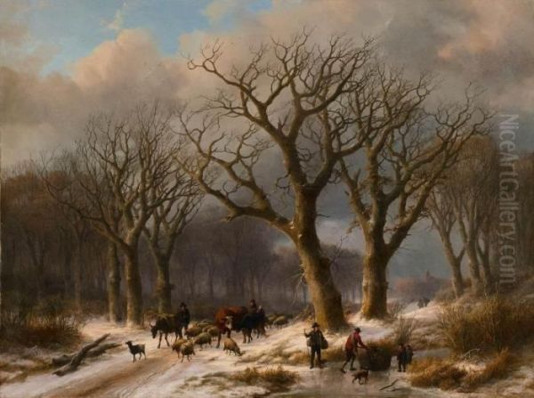 Winterlandschaft Mit Hirte Und Reisigsammlern Oil Painting by Johann Bernard Klombeck