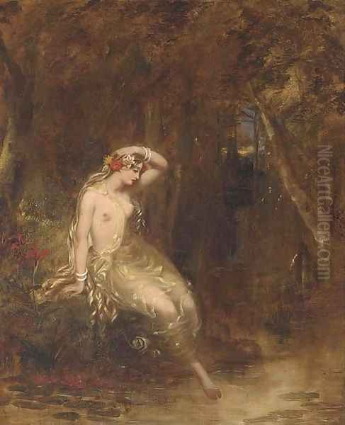 A nymph at the waters edge Oil Painting by Alfred Woolmer