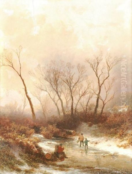 Figures In A Winter Landscape Oil Painting by Pieter Lodewijk Francisco Kluyver