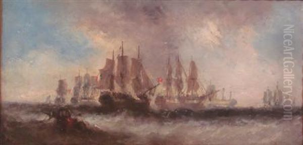 French Naval Engagement Oil Painting by William Adolphu Knell