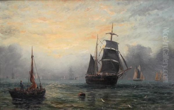 Sailboats In The Bay Oil Painting by William Adolphu Knell