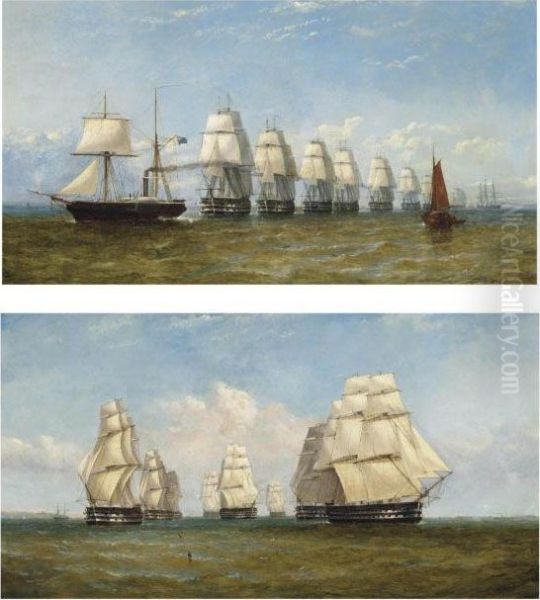 A Paddle Steamer Of The Royal Navy Escorting A French Squadron Oil Painting by William Adolphu Knell