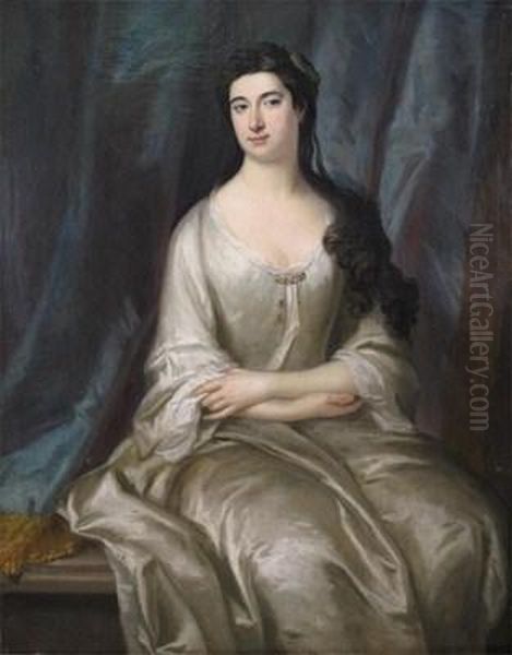 Portrait Of A Lady, Three Quarter Length, Wearing White Oil Painting by Sir Godfrey Kneller