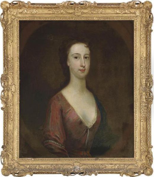 Portrait Of A Lady, Bust-length, In A Red Dress And Blue Wrap Oil Painting by Sir Godfrey Kneller