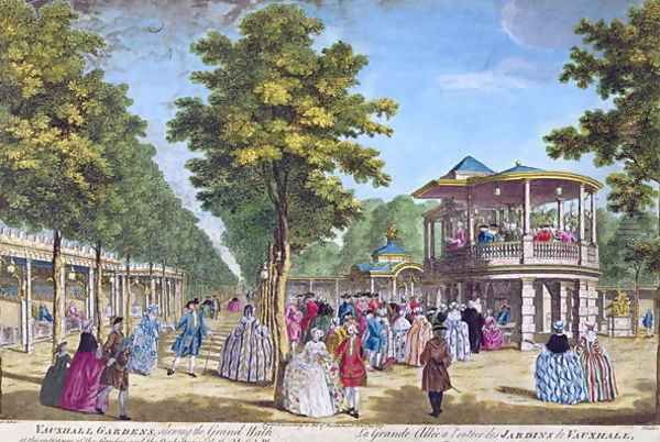 View of the Grand Walk at the entrance of Vauxhall Pleasure Gardens with the orchestra playing, engraved by Muller Oil Painting by Samuel Wale