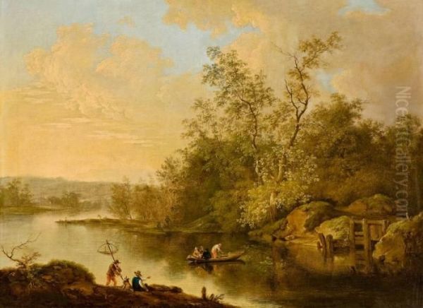 River Scene With Fishermen Oil Painting by Ferdinand Kobell