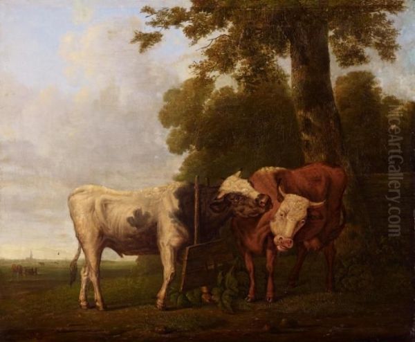 Landschaft Mit Stier Und Kuh Oil Painting by Janbaptist Ii Kobell