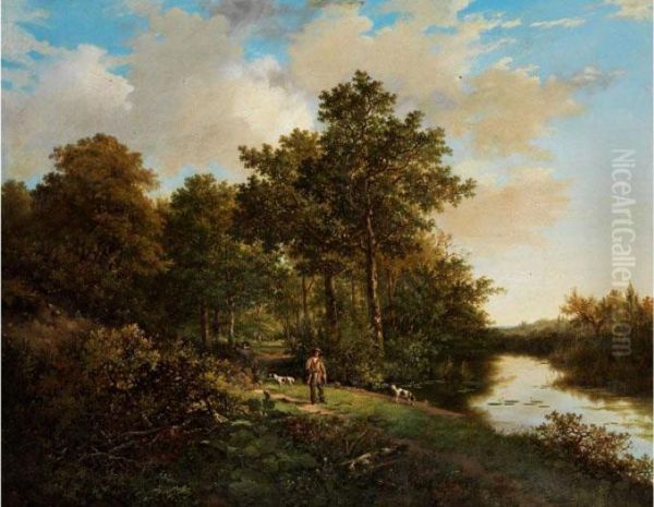 Zwei Jager Mit Flinten Und Jagdhunden An Einer Waldlichtung Neben Einem Moorteich Oil Painting by Barend Cornelis Koekkoek