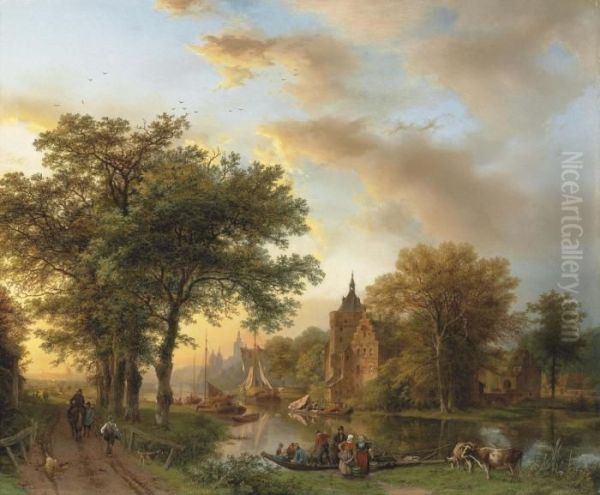 A River Landscape In Holland At Sunset Oil Painting by Barend Cornelis Koekkoek