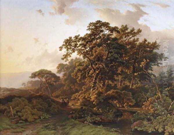 A Forest With Figures On A Path In A Hilly Landscape Oil Painting by Barend Cornelis Koekkoek