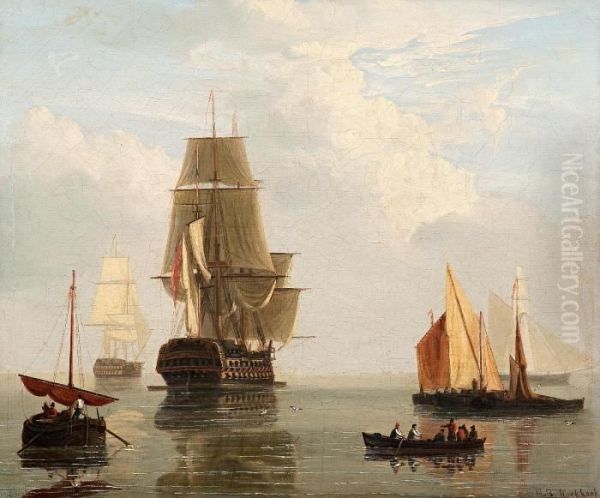 Ships At Sea Oil Painting by Hendrik Barend Koekkoek