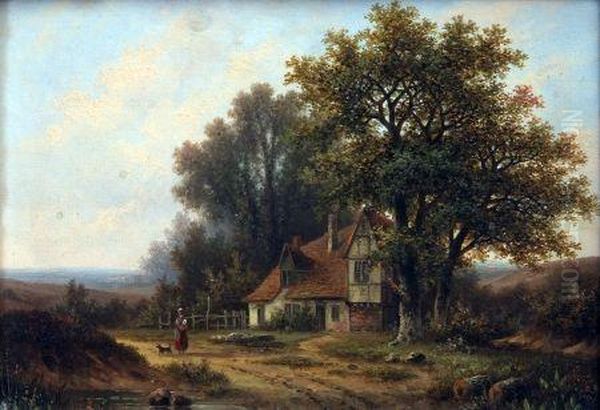 Country Landscape, Cottage Beyond Oil Painting by Hendrik Pieter Koekkoek