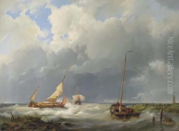 Coastal Scene With Fishing Vessels Oil Painting by Hermanus Koekkoek