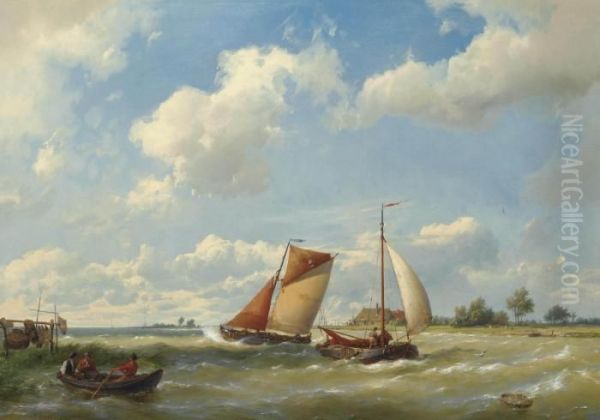 Dutch Barges In Choppy Waters Oil Painting by Hermanus Koekkoek