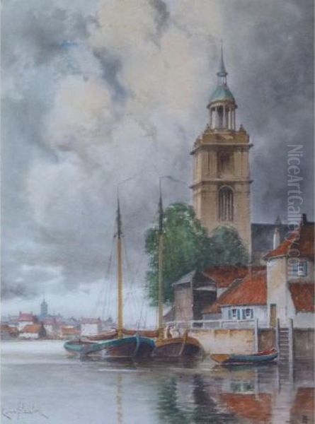 Canal Scene With Moored Boats Amsterdam Oil Painting by Hermanus Jr. Koekkoek