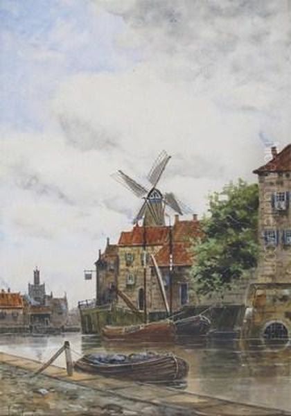 Barges On A Canal, A Windmill Beyond Oil Painting by Hermanus Jr. Koekkoek