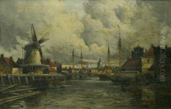 A Dutch Harbour Scene Oil Painting by Hermanus Jr. Koekkoek